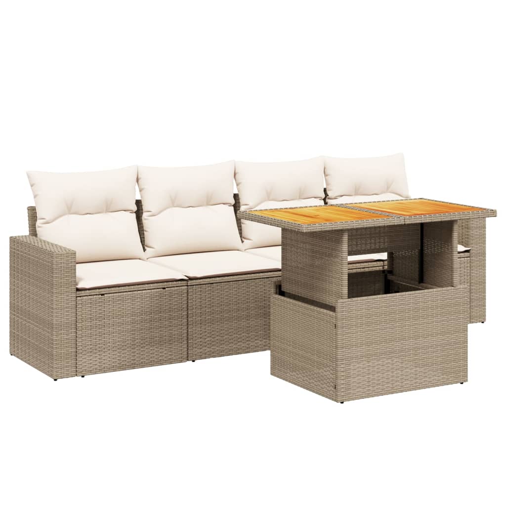 5-tlg. Garten-Sofagarnitur mit Kissen Beige Poly Rattan