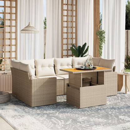 7-tlg. Garten-Sofagarnitur mit Kissen Beige Poly Rattan