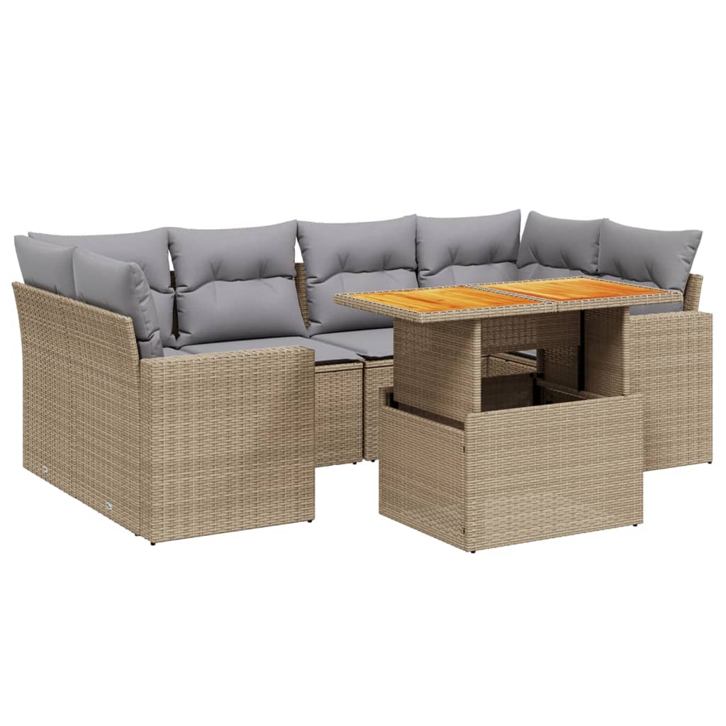 7-tlg. Garten-Sofagarnitur mit Kissen Beige Poly Rattan