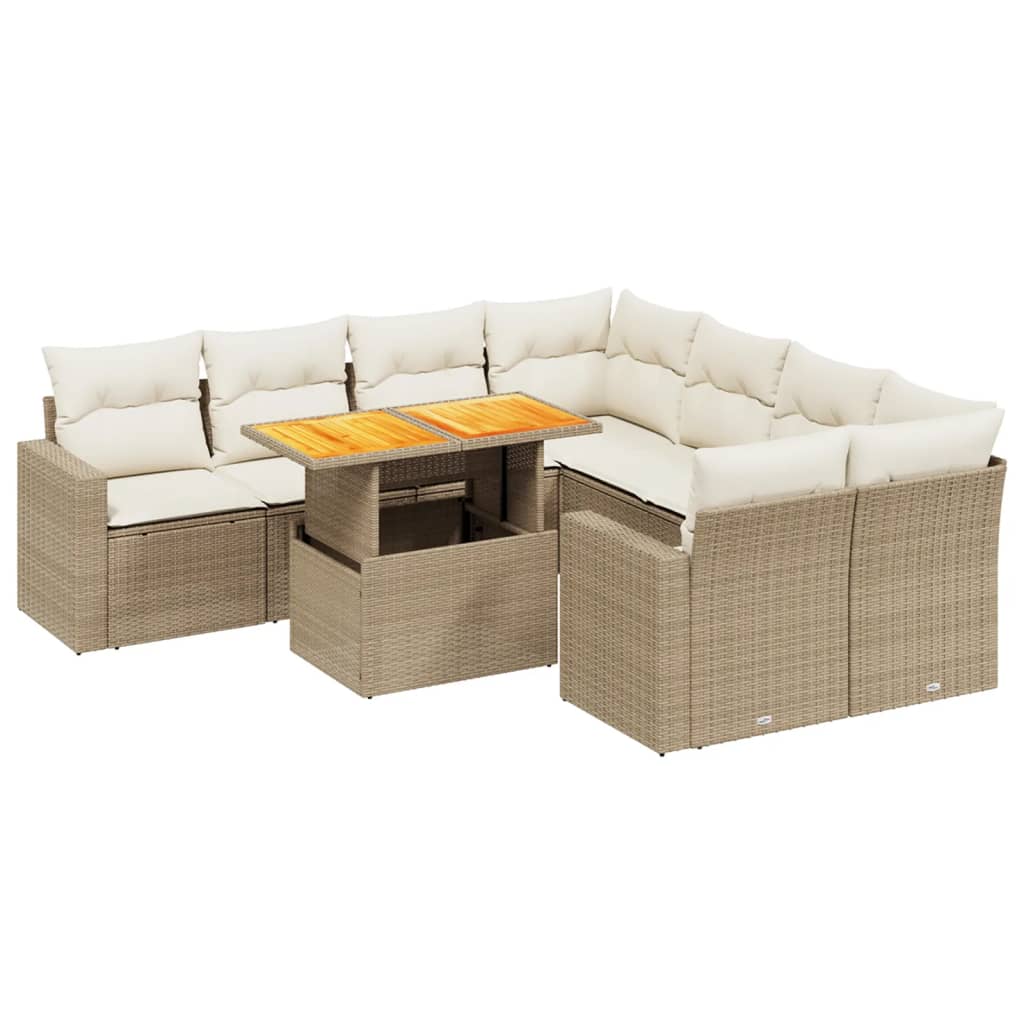 9-tlg. Garten-Sofagarnitur mit Kissen Beige Poly Rattan