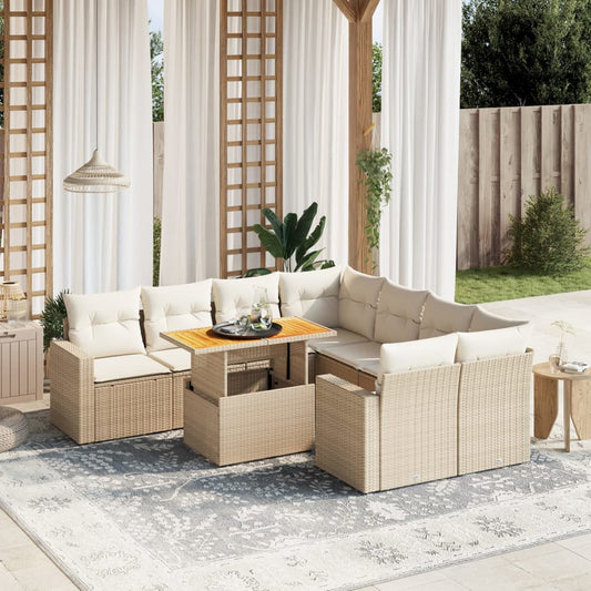 9-tlg. Garten-Sofagarnitur mit Kissen Beige Poly Rattan