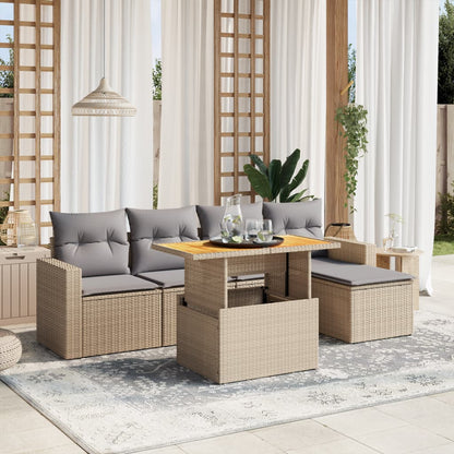 6-tlg. Garten-Sofagarnitur mit Kissen Beige Poly Rattan