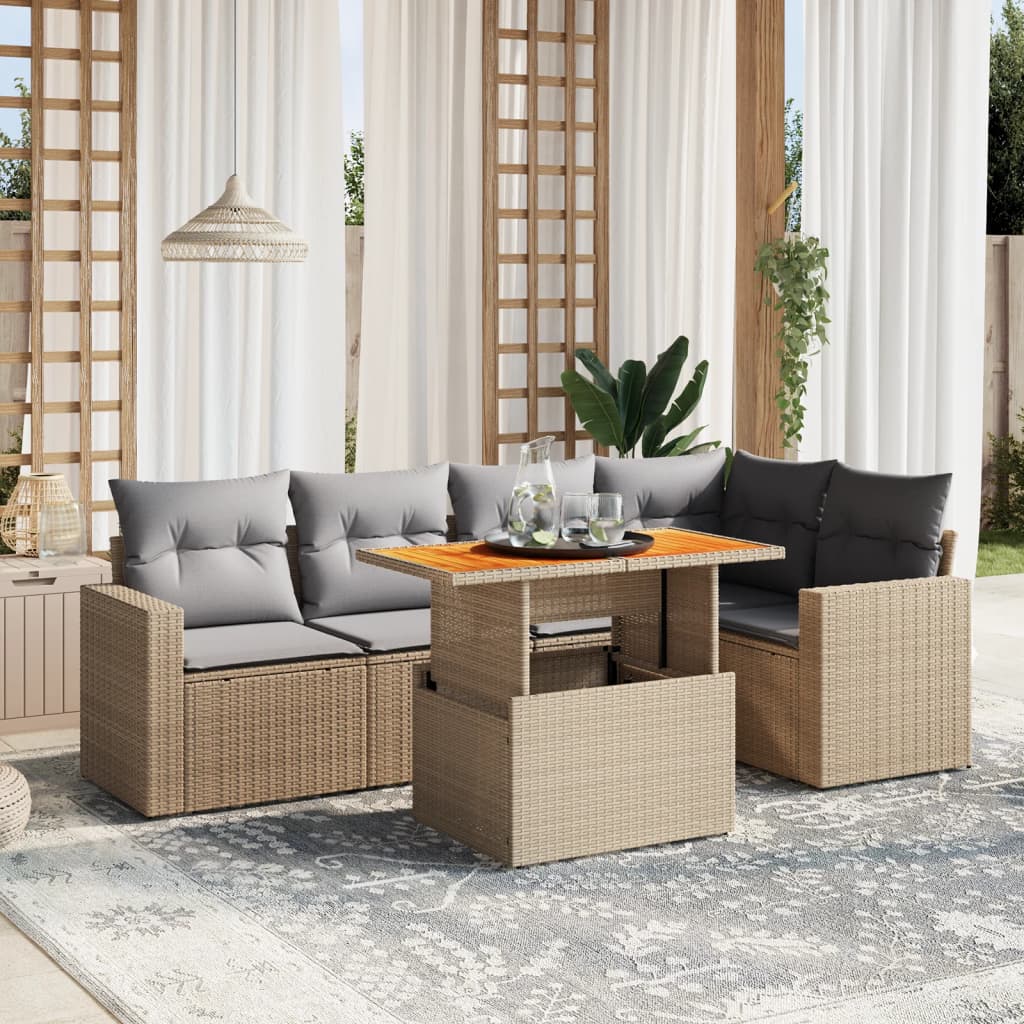 6-tlg. Garten-Sofagarnitur mit Kissen Beige Poly Rattan