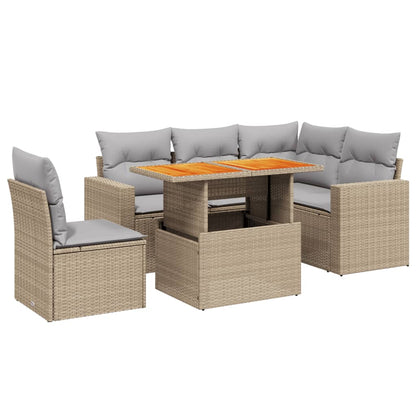 6-tlg. Garten-Sofagarnitur mit Kissen Beige Poly Rattan