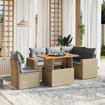 6-tlg. Garten-Sofagarnitur mit Kissen Beige Poly Rattan