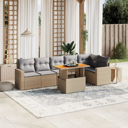 7-tlg. Garten-Sofagarnitur mit Kissen Beige Poly Rattan