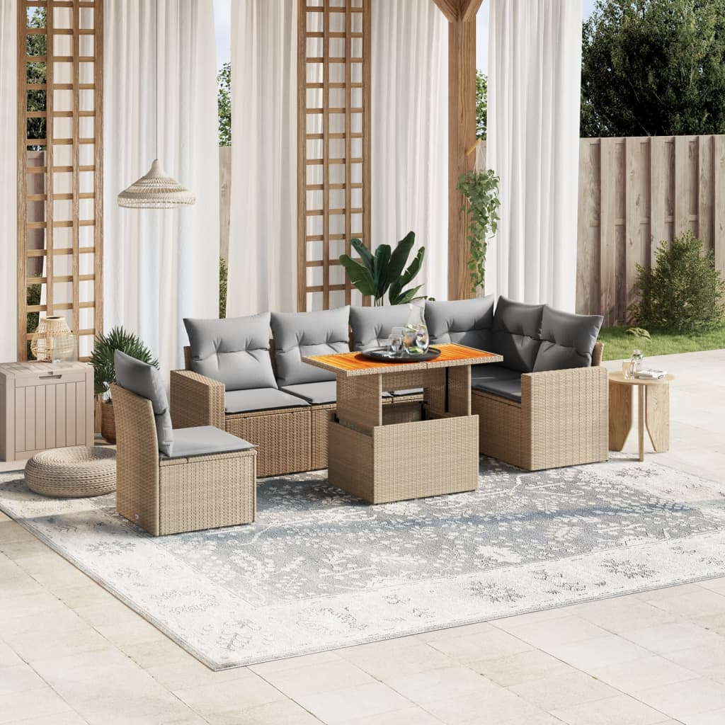 7-tlg. Garten-Sofagarnitur mit Kissen Beige Poly Rattan