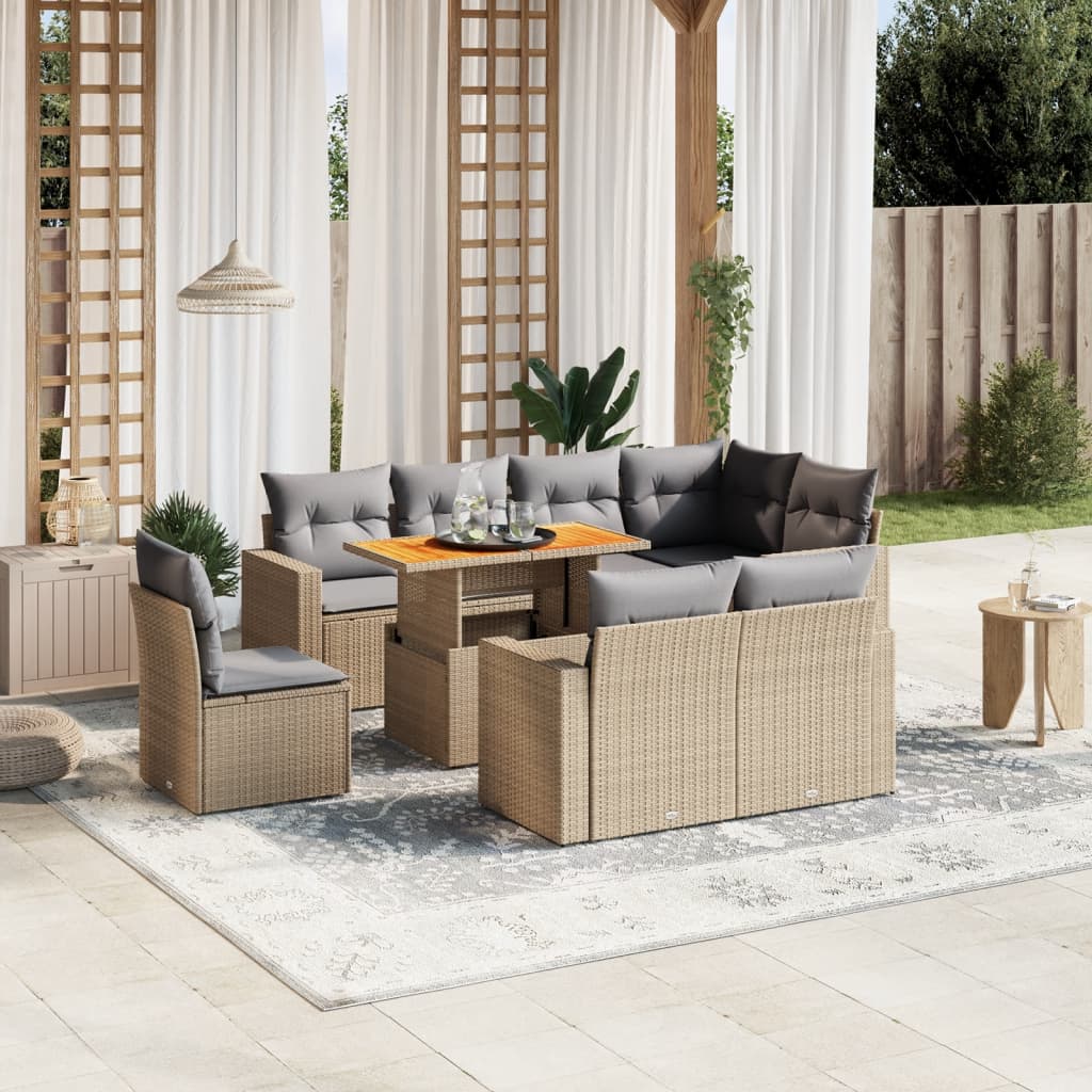 9-tlg. Garten-Sofagarnitur mit Kissen Beige Poly Rattan