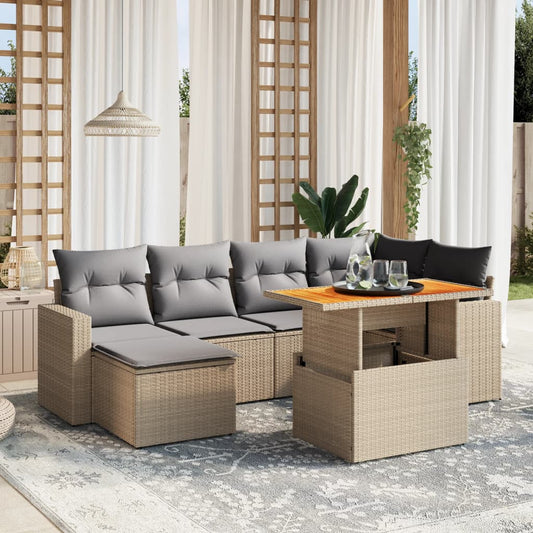 7-tlg. Garten-Sofagarnitur mit Kissen Beige Poly Rattan