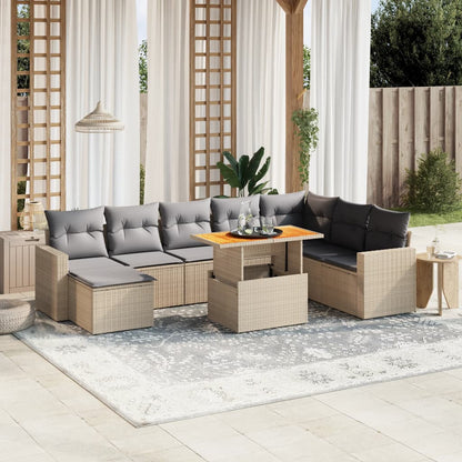 9-tlg. Garten-Sofagarnitur mit Kissen Beige Poly Rattan