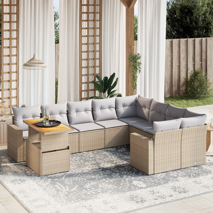 10-tlg. Garten-Sofagarnitur mit Kissen Beige Poly Rattan