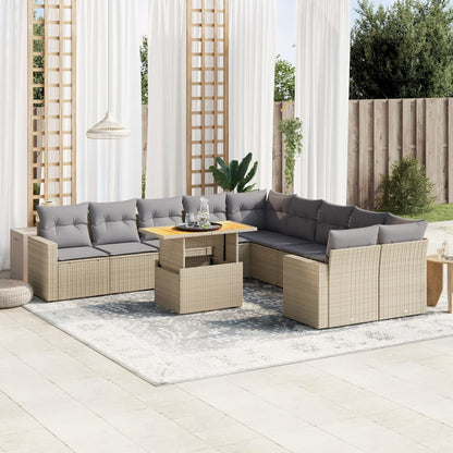 11-tlg. Garten-Sofagarnitur mit Kissen Beige Poly Rattan