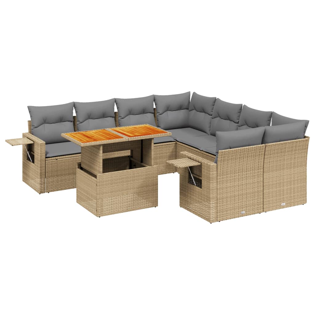 9-tlg. Garten-Sofagarnitur mit Kissen Beige Poly Rattan