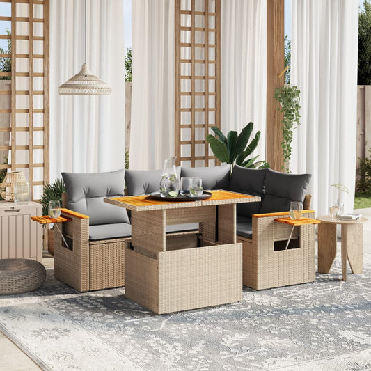 5-tlg. Garten-Sofagarnitur mit Kissen Beige Poly Rattan