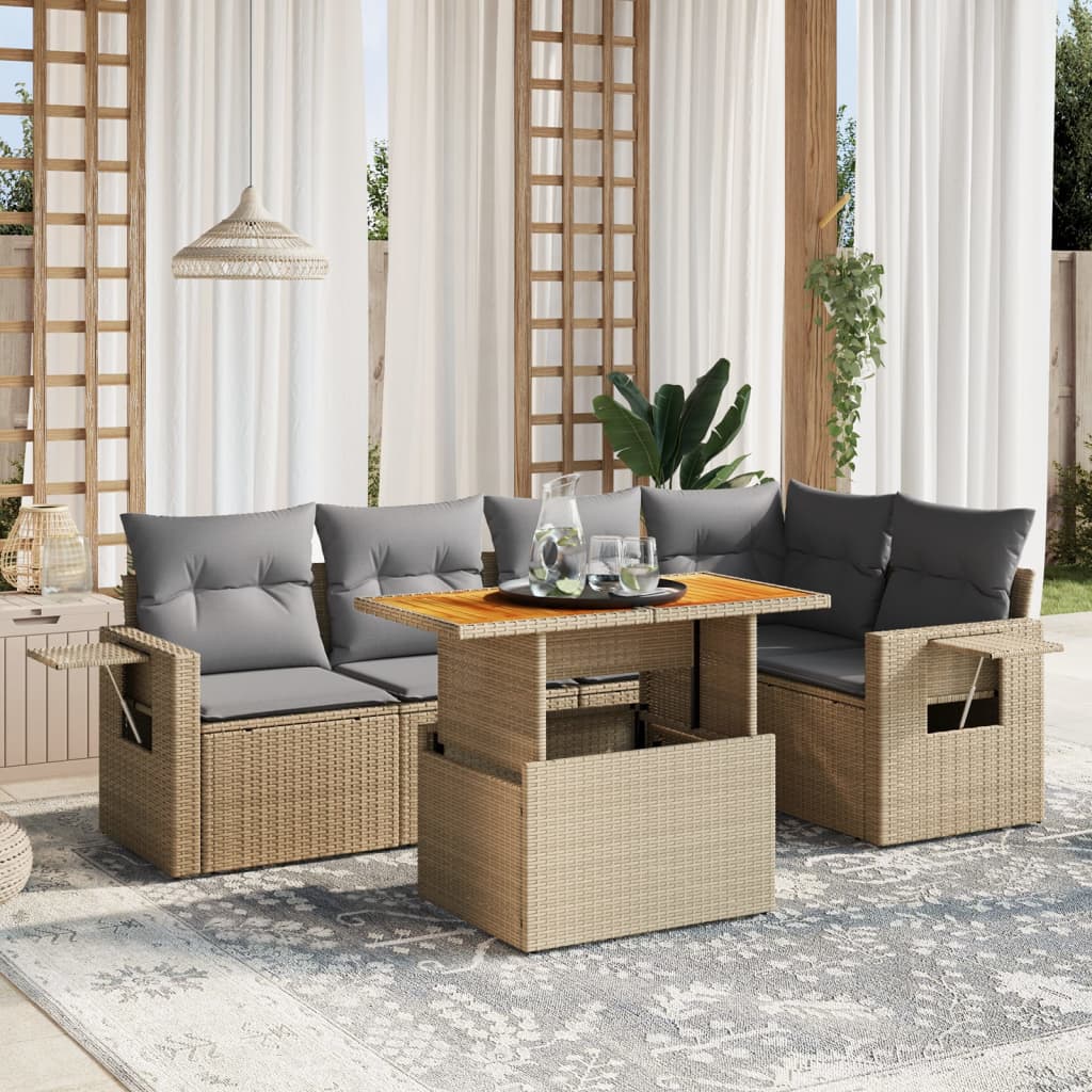 6-tlg. Garten-Sofagarnitur mit Kissen Beige Poly Rattan