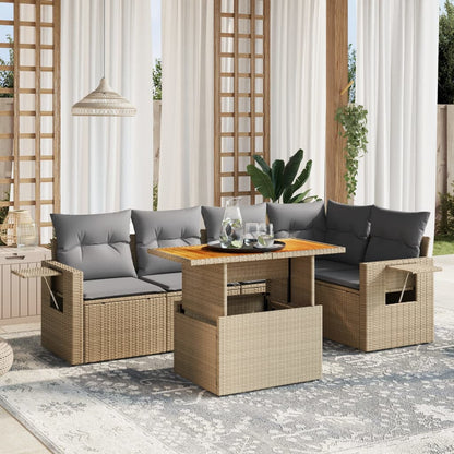 6-tlg. Garten-Sofagarnitur mit Kissen Beige Poly Rattan