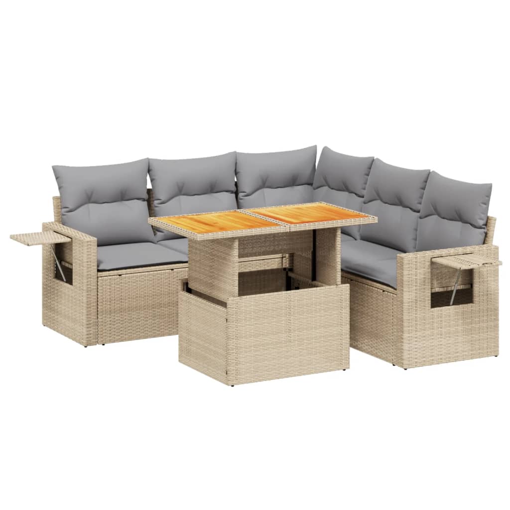 6-tlg. Garten-Sofagarnitur mit Kissen Beige Poly Rattan