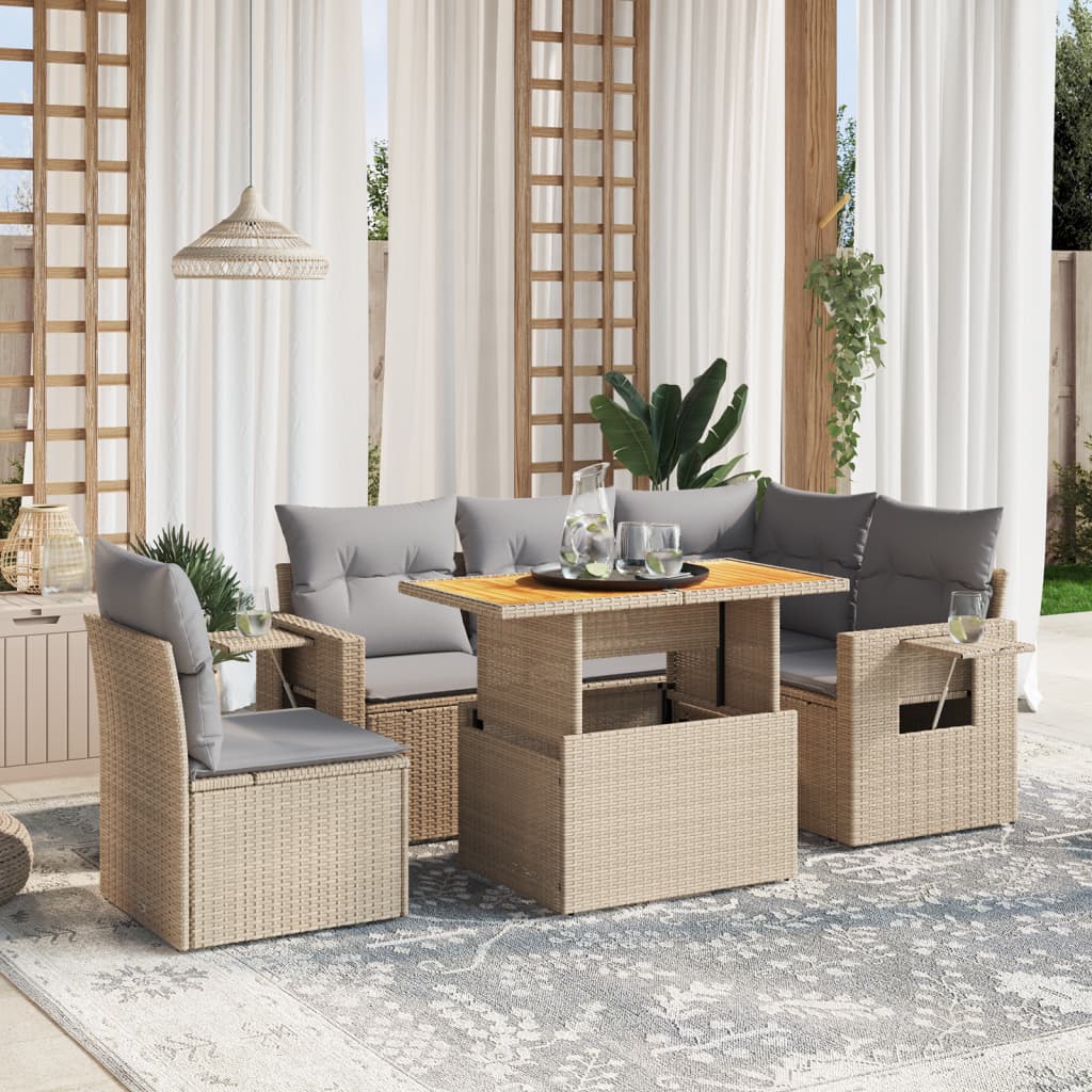 6-tlg. Garten-Sofagarnitur mit Kissen Beige Poly Rattan