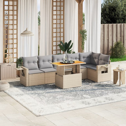 7-tlg. Garten-Sofagarnitur mit Kissen Beige Poly Rattan