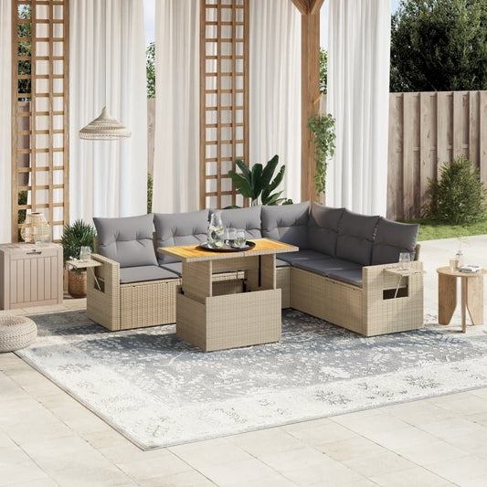 7-tlg. Garten-Sofagarnitur mit Kissen Beige Poly Rattan