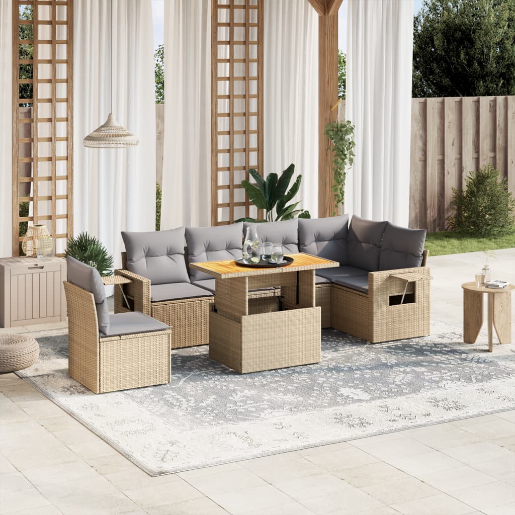 7-tlg. Garten-Sofagarnitur mit Kissen Beige Poly Rattan