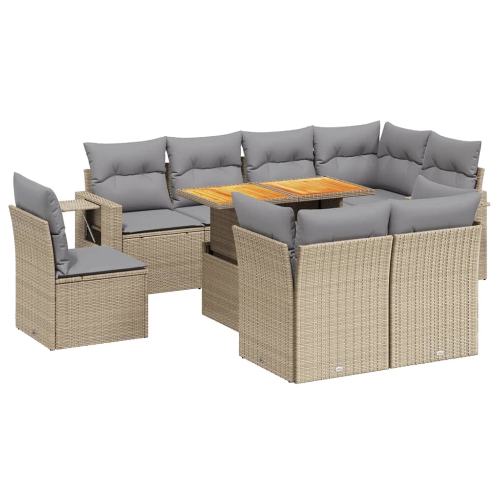 9-tlg. Garten-Sofagarnitur mit Kissen Beige Poly Rattan