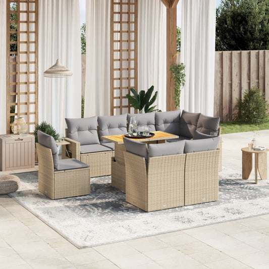 9-tlg. Garten-Sofagarnitur mit Kissen Beige Poly Rattan