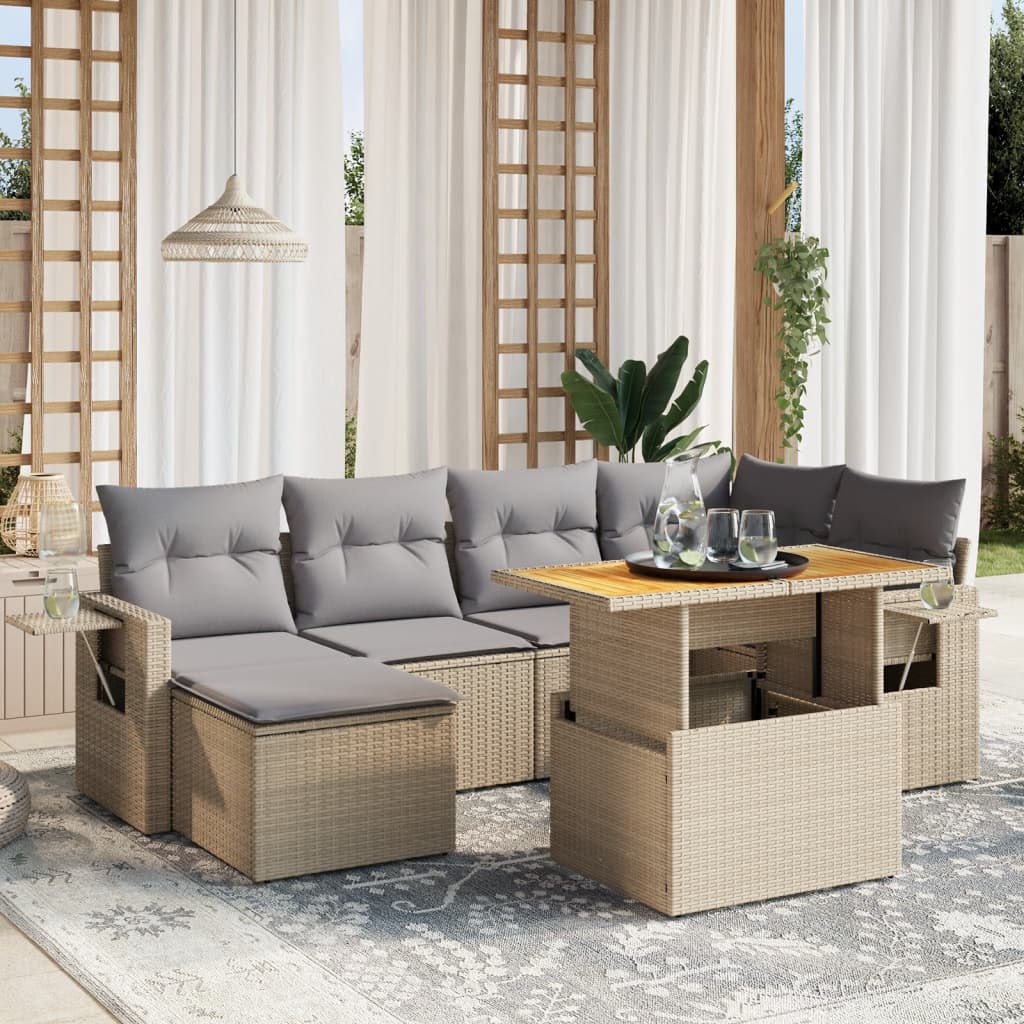 7-tlg. Garten-Sofagarnitur mit Kissen Beige Poly Rattan