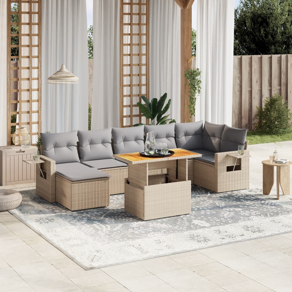 8-tlg. Garten-Sofagarnitur mit Kissen Beige Poly Rattan