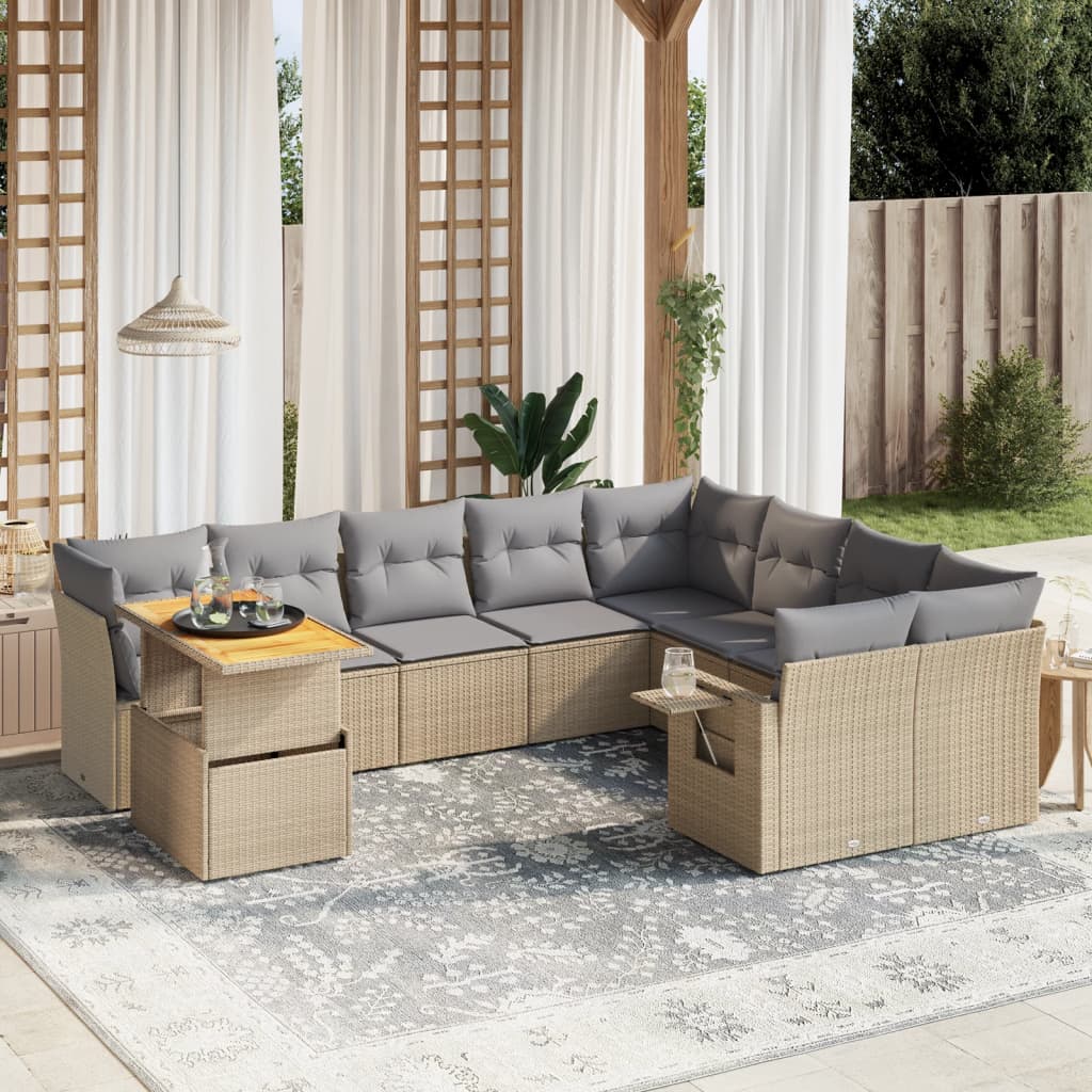 10-tlg. Garten-Sofagarnitur mit Kissen Beige Poly Rattan