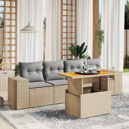 5-tlg. Garten-Sofagarnitur mit Kissen Beige Poly Rattan