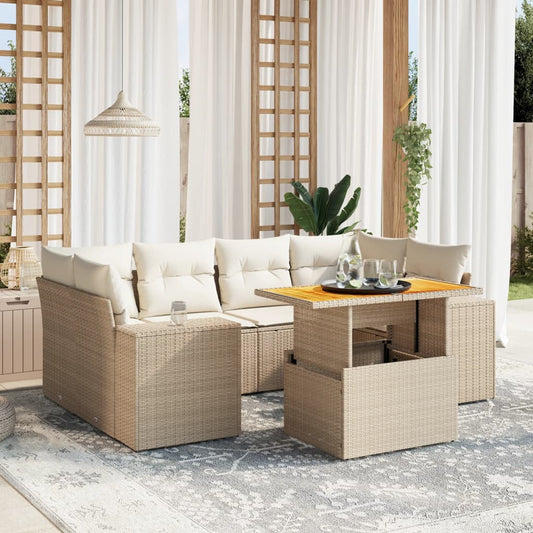 7-tlg. Garten-Sofagarnitur mit Kissen Beige Poly Rattan