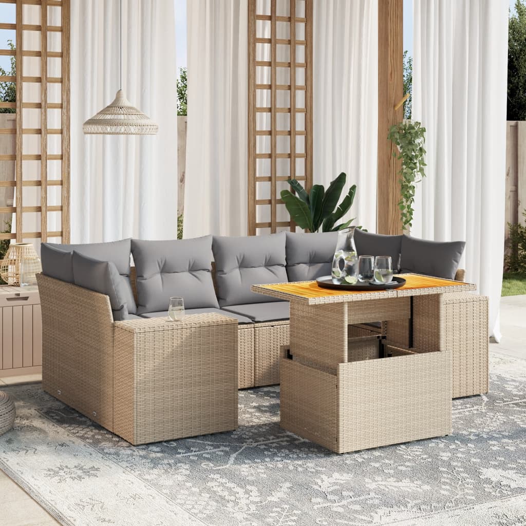 7-tlg. Garten-Sofagarnitur mit Kissen Beige Poly Rattan