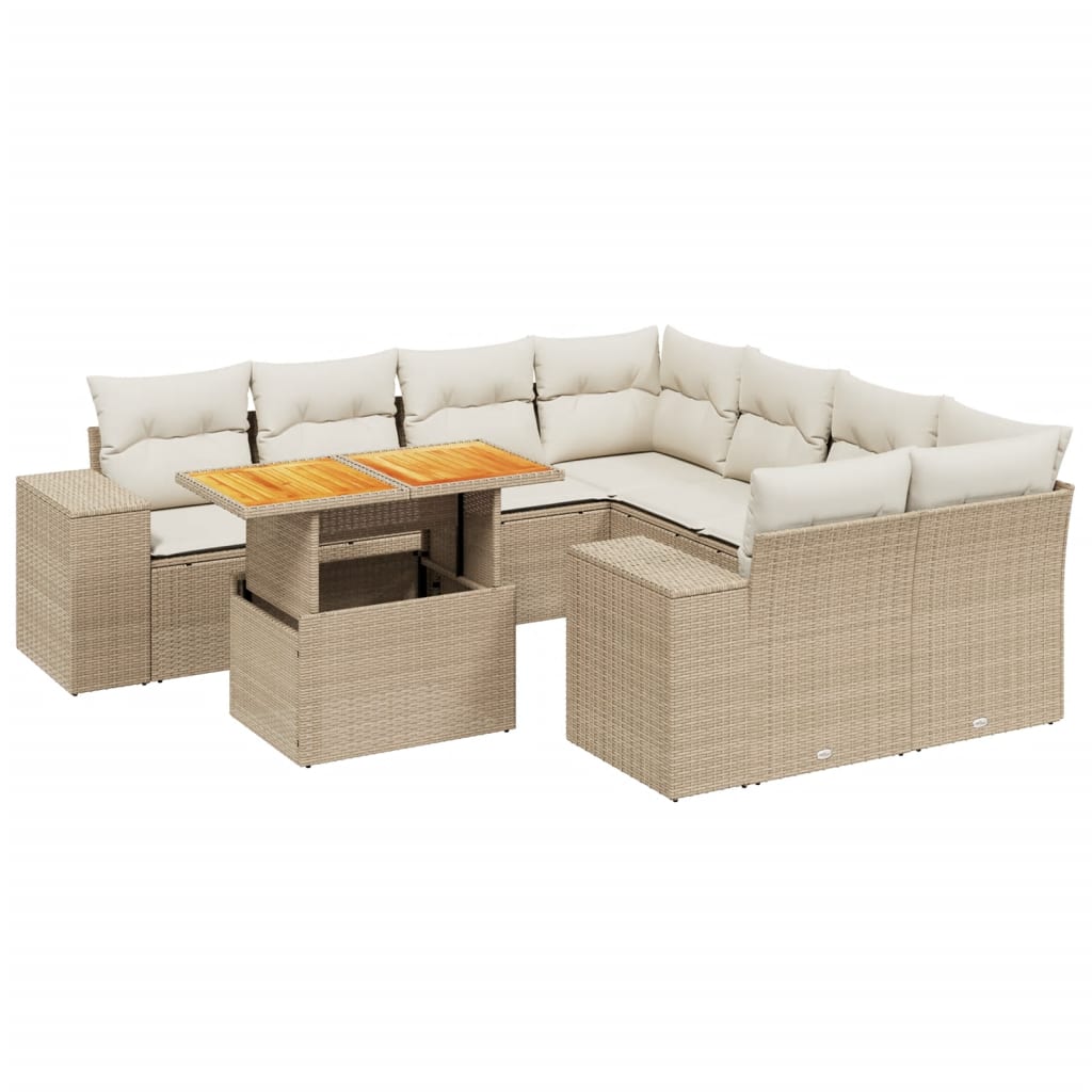 9-tlg. Garten-Sofagarnitur mit Kissen Beige Poly Rattan