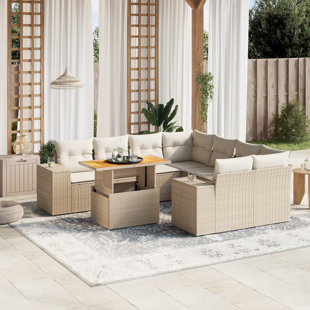 9-tlg. Garten-Sofagarnitur mit Kissen Beige Poly Rattan