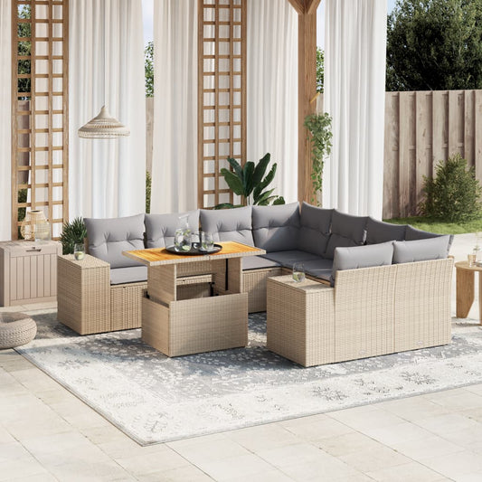 9-tlg. Garten-Sofagarnitur mit Kissen Beige Poly Rattan