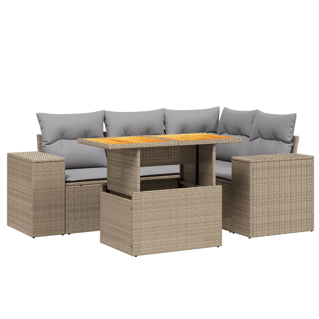 5-tlg. Garten-Sofagarnitur mit Kissen Beige Poly Rattan