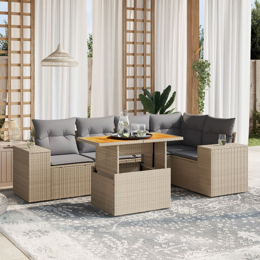 6-tlg. Garten-Sofagarnitur mit Kissen Beige Poly Rattan