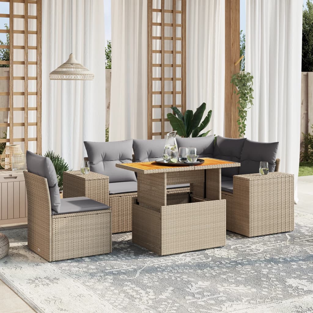 6-tlg. Garten-Sofagarnitur mit Kissen Beige Poly Rattan