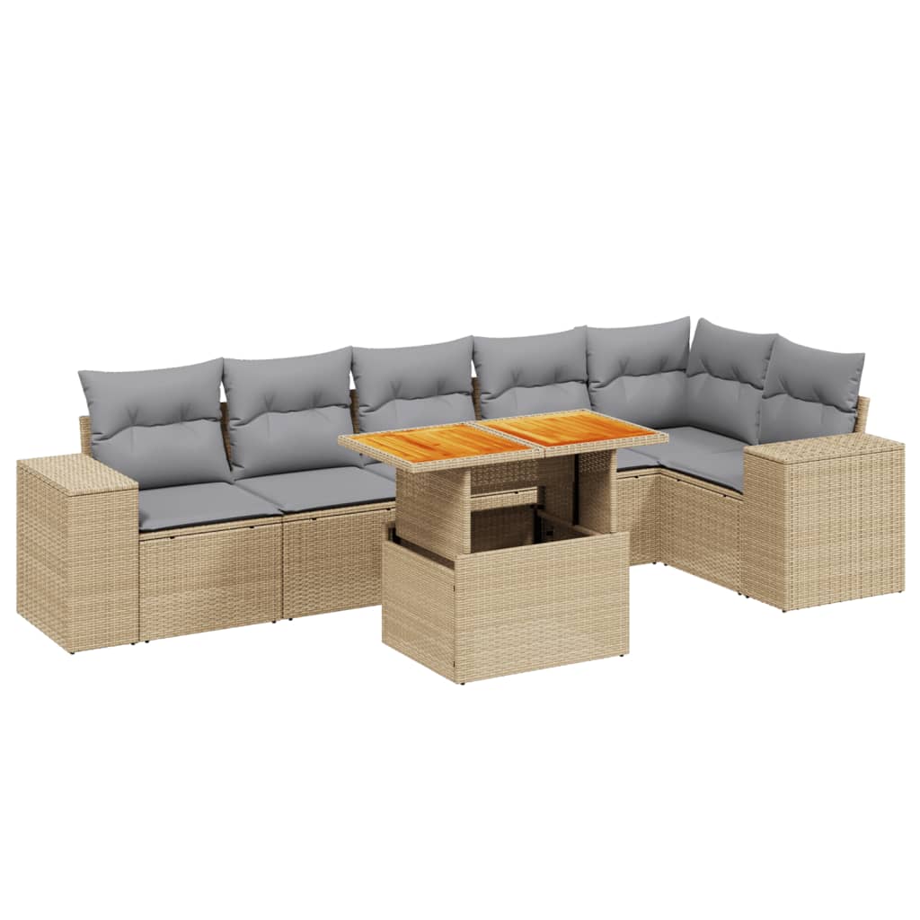 7-tlg. Garten-Sofagarnitur mit Kissen Beige Poly Rattan