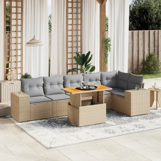 7-tlg. Garten-Sofagarnitur mit Kissen Beige Poly Rattan