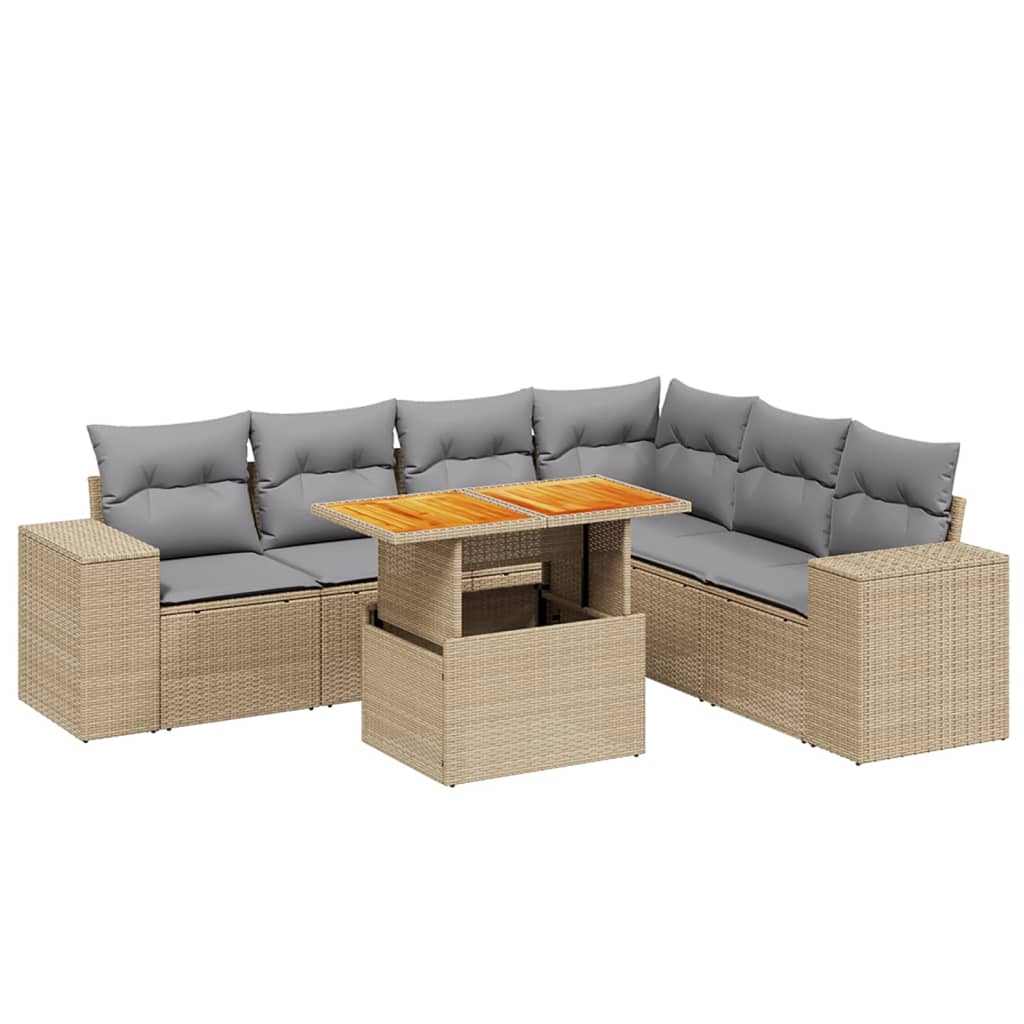 7-tlg. Garten-Sofagarnitur mit Kissen Beige Poly Rattan