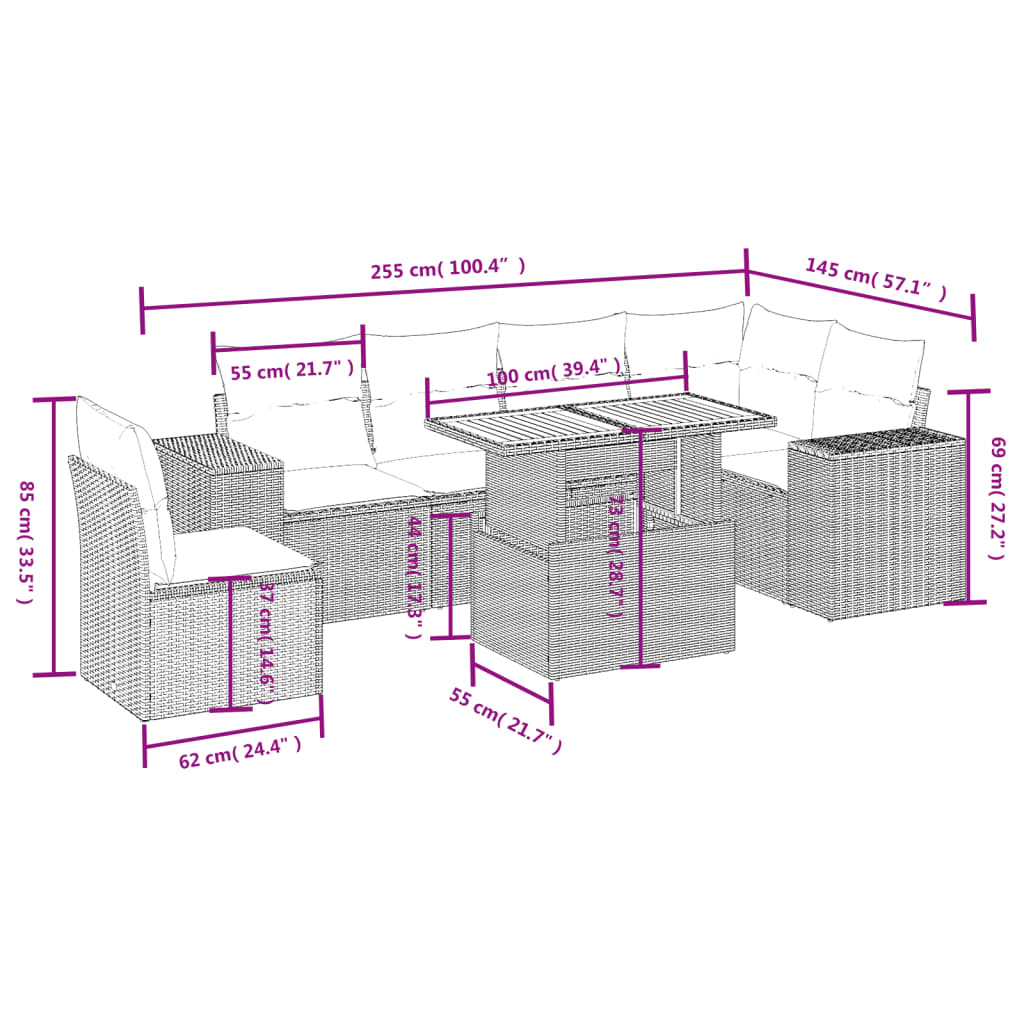 7-tlg. Garten-Sofagarnitur mit Kissen Beige Poly Rattan