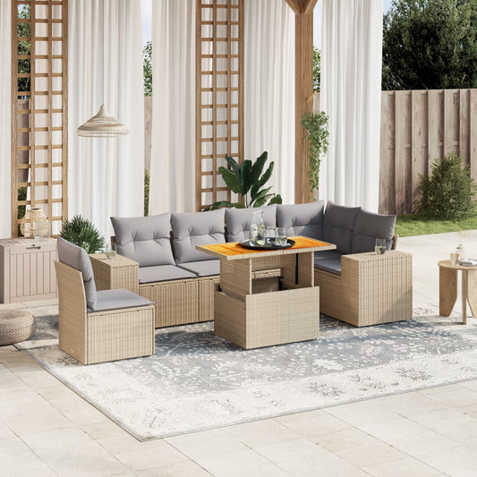 7-tlg. Garten-Sofagarnitur mit Kissen Beige Poly Rattan