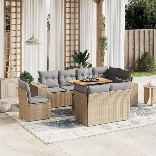 9-tlg. Garten-Sofagarnitur mit Kissen Beige Poly Rattan