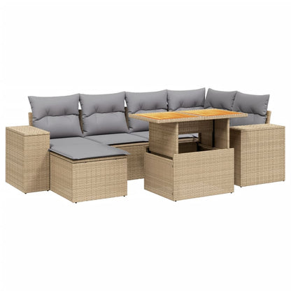 7-tlg. Garten-Sofagarnitur mit Kissen Beige Poly Rattan