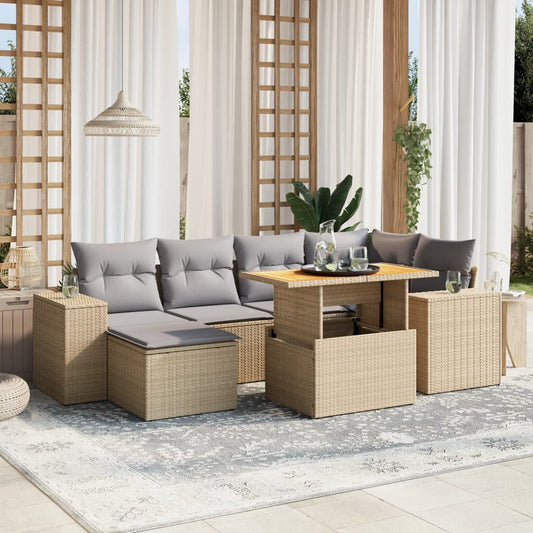 7-tlg. Garten-Sofagarnitur mit Kissen Beige Poly Rattan