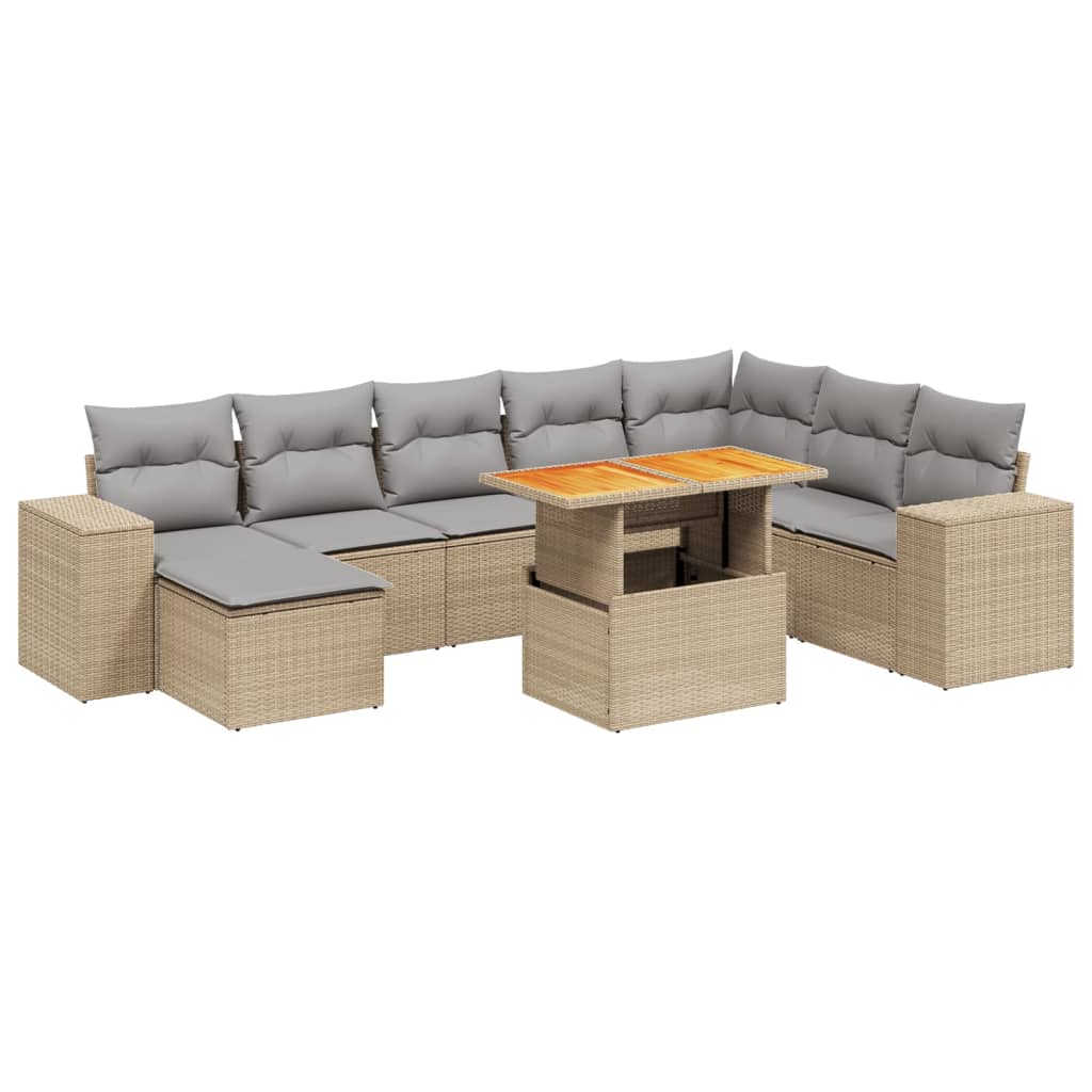 9-tlg. Garten-Sofagarnitur mit Kissen Beige Poly Rattan