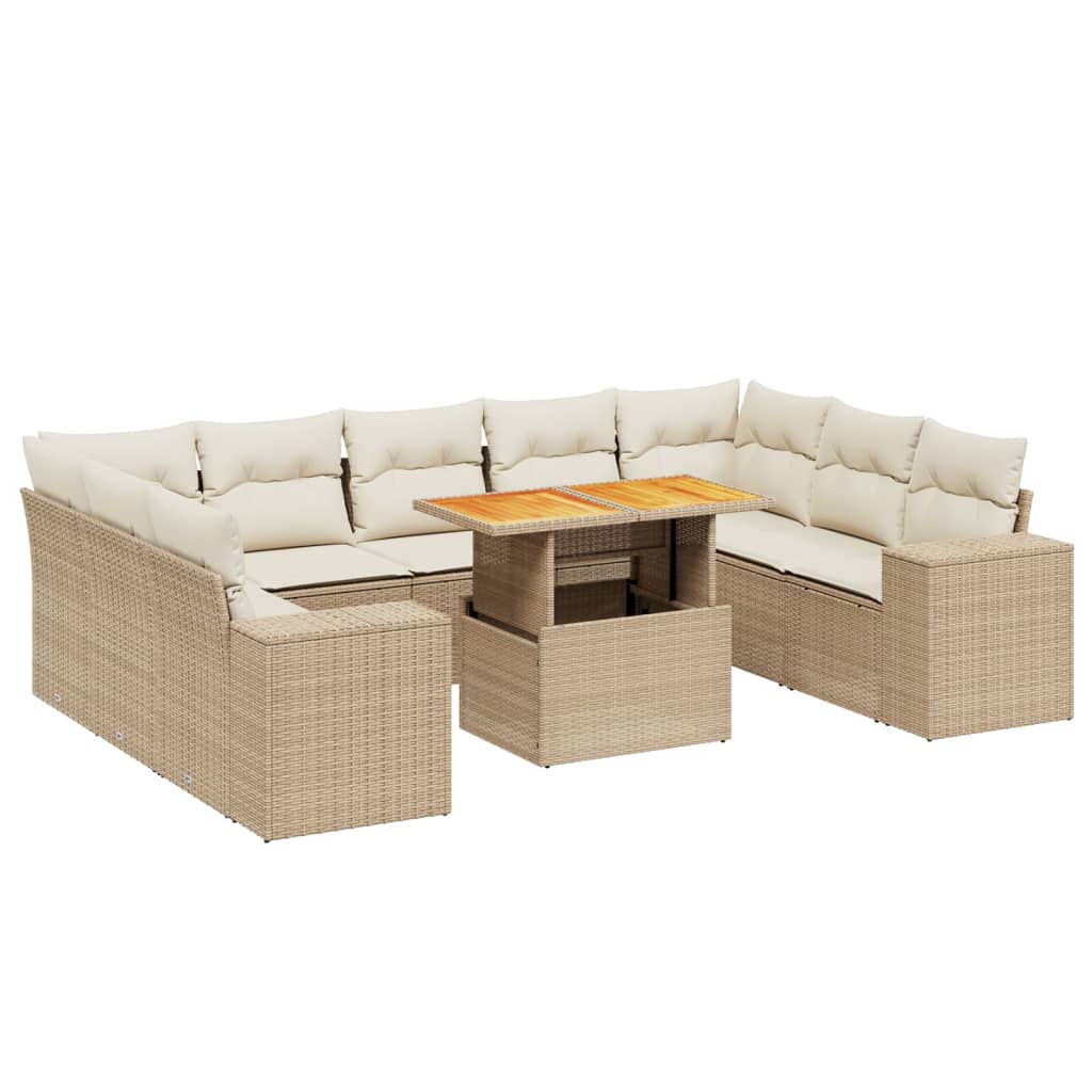 10-tlg. Garten-Sofagarnitur mit Kissen Beige Poly Rattan