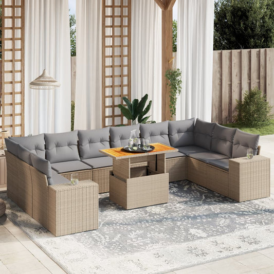 11-tlg. Garten-Sofagarnitur mit Kissen Beige Poly Rattan